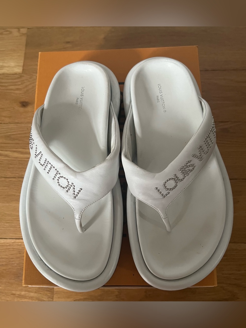 Louis Vuitton White Crystal Logo Thong Sandals